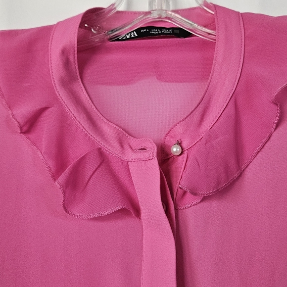 Zara Long Sleeve Ruffled Sheer Pink Blouse Size Large - Picture 6 of 9